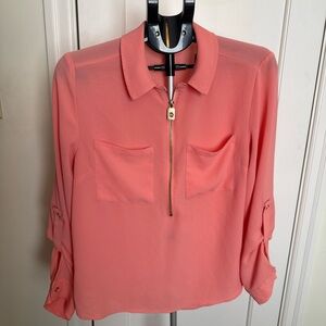 Michael Kors MK Coral Pink Georgette Zip Front Top Size Large